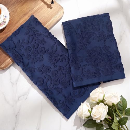 SmoothNovelty 2 Pcs Navy Blue Floral Jacquard Hand Towels for Bathroom