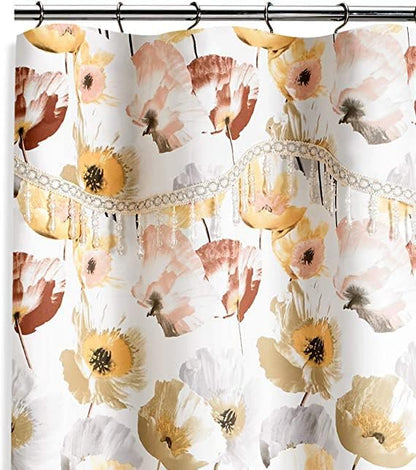 Zahari Home 13pc Poppy Fields Bathroom Shower Curtain Set Yellow Shower Curtain & 12 Shower Curtain Hooks Luxury Contemporary Colorful Shower Curtain Unique Design Stylish Shower Curtain Set