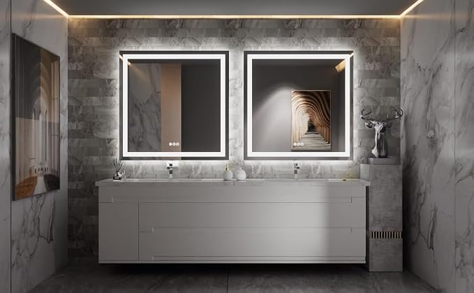 LED Bathroom Mirror 32"X32" with Front Light and Backlit | Stepless Dimmable, Anti-Fog, Shatter-Proof, HD Reflection, Memory, 3 Colors Lighting Square Mirror, UL Listed