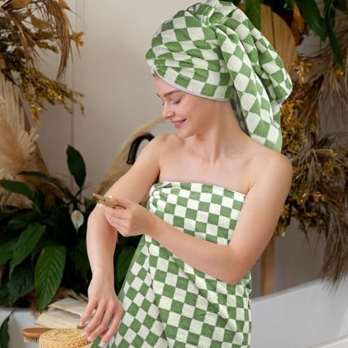 Jacquotha Green Checkered Towels Set of 8, Cotton Towels for Bathroom