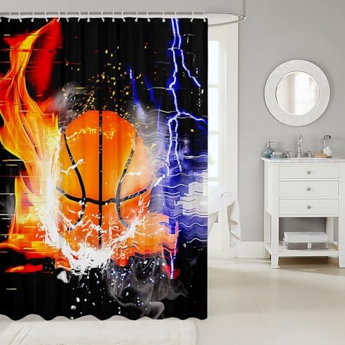 jejeloiu Basketball Bath Curtain Boys Girls 72"x72" Ice Fire Shower Curtain for Kids Women Men Waterproof Gaming Sports Bathroom Shower Curtain Set Gift for Basketball Lover
