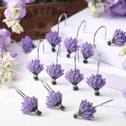 Amyhill 12 Pcs Lavender Shower Curtain Hooks Purple Floral Decorative Hooks Rings Bulk Cute Hanger Stainless Steel Resin Spring Flower Themed Shower Hook for Bathroom Bedroom Home Living Room Decor