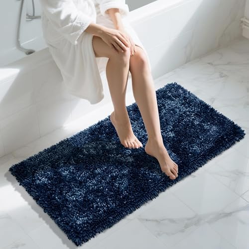 Yimobra Long Bathroom Rug Non Slip 44x24, Extra Thick Soft Absorbent Chenille Bath Mat, Machine Washable Quick Dry Bath Rugs for Bathroom Floor, Tub and Shower, Home Decor Accessories, Blue