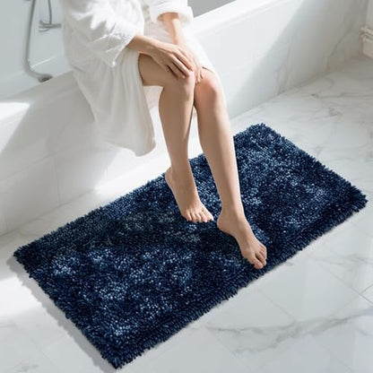 Yimobra Long Bathroom Rug Non Slip 44x24, Extra Thick Soft Absorbent Chenille Bath Mat, Machine Washable Quick Dry Bath Rugs for Bathroom Floor, Tub and Shower, Home Decor Accessories, Blue