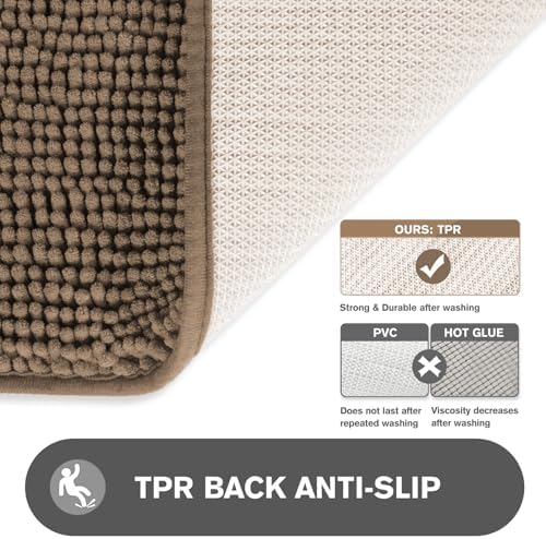 Taupe Bathroom Rugs – Absorbent and Washable Bath Mat, Non-Slip, Thick Soft Chenille Bath Rugs for Bathroom Floor, Shower, Sink - 17" x 24"
