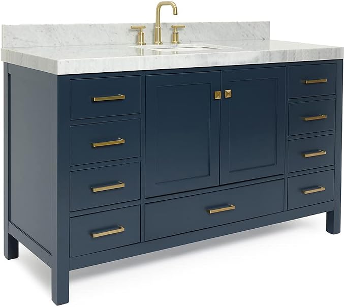 ARIEL Cambridge 60-inch Bathroom Vanity with Sink,Solid Wood, 2-inch Italian Carrara Marble Countertop, Single Rectangular Porcelain Sink, 2 Soft Closing Doors, 9 Dovetail Drawers, Midnight Blue