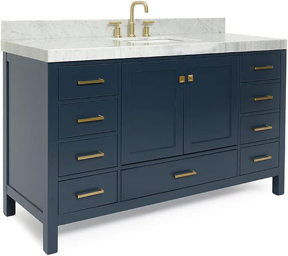 ARIEL Cambridge 60-inch Bathroom Vanity with Sink,Solid Wood, 2-inch Italian Carrara Marble Countertop, Single Rectangular Porcelain Sink, 2 Soft Closing Doors, 9 Dovetail Drawers, Midnight Blue