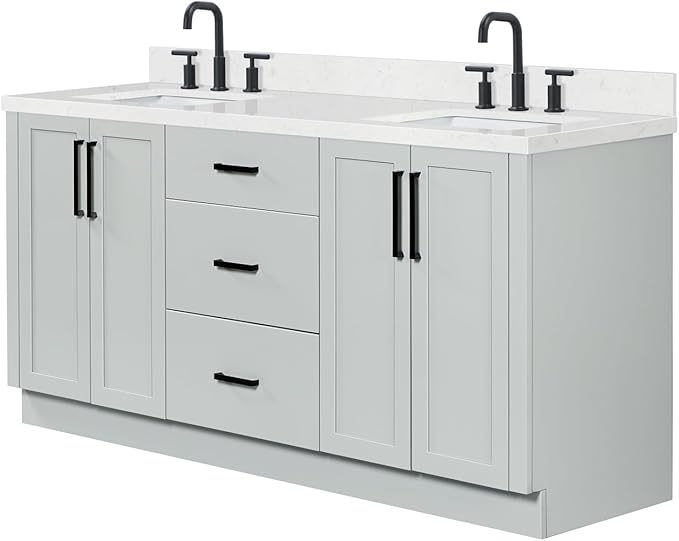 ARIEL Loren 72-inch Bathroom Vanity with Sink,Solid Wood, 1.5-inch Carrara White Quartz Countertop, Double Rectangular Porcelain Sink, 4 Soft Closing Doors, 3 Dovetail Drawers, Grey