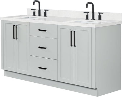 ARIEL Loren 72-inch Bathroom Vanity with Sink,Solid Wood, 1.5-inch Carrara White Quartz Countertop, Double Rectangular Porcelain Sink, 4 Soft Closing Doors, 3 Dovetail Drawers, Grey