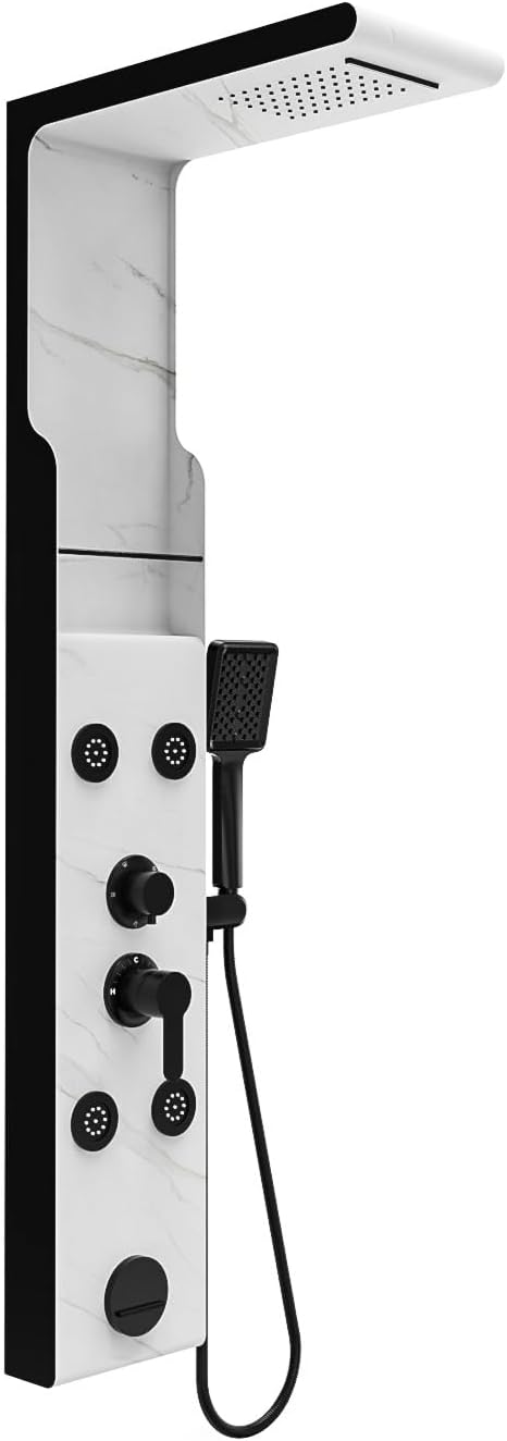 ELLO&ALLO Shower Panel Tower System with Shelf, Rainfall Shower Head and Rain Massage System with Body Jets, Stainless Steel Bathroom Fixtures, Marble&Black