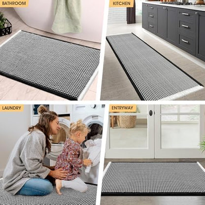 IM HOME Waffle Bath Mat Black & Cream 24"x17",Boho Woven Modern Bath Mat Rugs, Absorbent Non Slip Bathroom Rugs, Soft Washable Bath Rugs with Tassels for Bedroom, Kitchen, Shower, Tub