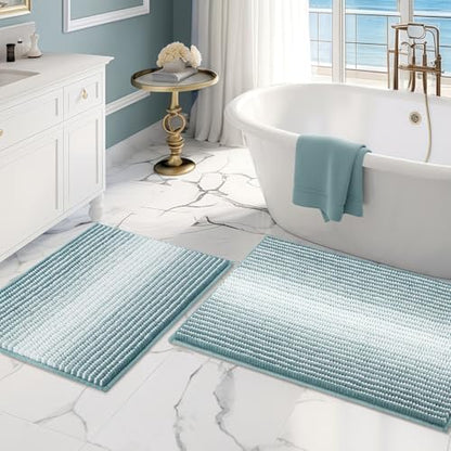 BSICPRO Bathroom Rugs Sets 2 Piece, Non Slip Striped Bath Mats, Sea Green