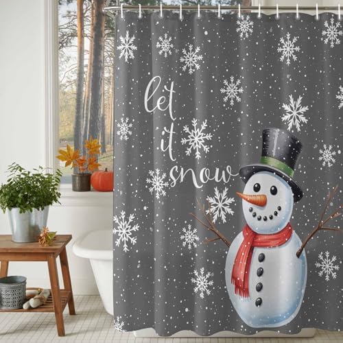 Christmas Snowman Shower Curtain Bathroom Set Xmas Snowflakes Gray Waterproof Shower Curtains with Grommets Hooks Winter Snow Privacy Bath Curtain for Bathtub Decor 72x72in