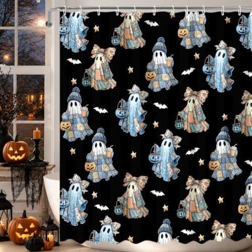 MEHOFOND Halloween Blue Black Patchwork Ghost Shower Curtain Bath Curtain