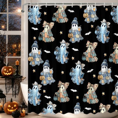 MEHOFOND Halloween Blue Black Patchwork Ghost Shower Curtain Bath Curtain