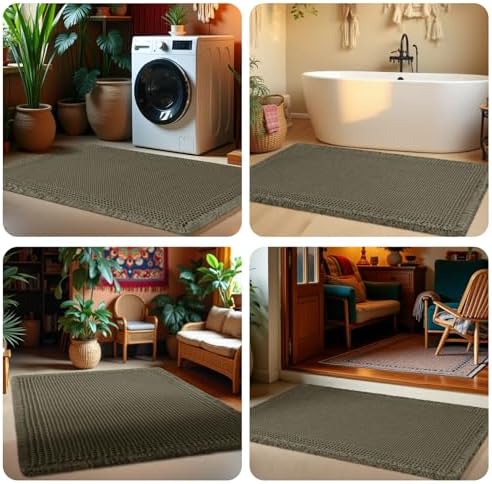 Upgrade Waffle Bath Mat, Greyish Green 32"x20", Boho Bathroom Rugs Absorbent Non Slip, Ultra Soft Bathroom Mat, Machine Washable Knit Bath Rugs with Tassels for Bathroom, Bedroom, Kitchen, Shower