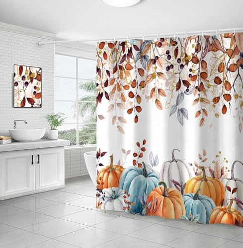 Fall Pumpkin Shower Curtain, Thanksgiving Autumn Harvest Leaves Watercolor Seasonal Decor Bathroom Curtains, Waterproof Fabric Polyester with Hooks, 72x72 Inch