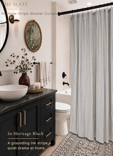 Farmhouse Striped Shower Curtain Set, Linen Blend Fabric with Detachable Polyester Liner, Breathable & Machine Washable, Rustic Black for Bathroom Decor Standard 72" W x 72" L - Hooks Not Included