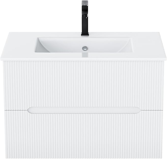 EROMMY 30 Inch Bathroom Vanity with Sink, Floating Bathroom Vanity with Ceramic Basin, Wall Mounted Fluted Bathroom Sink Cabinet Set with 2 Soft-Close Drawers, Faucet & Pop Up Drain, White