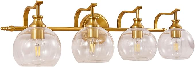 Brass Vanity Light, Gold Bathroom Light Fixtures 4 Lights, 27.8 Inch Vintage Bathroom Sconces, Brushed Brass Vanity Lighting with Globe Clear Glass Shade, E26 Base (Bulbs Not Included)