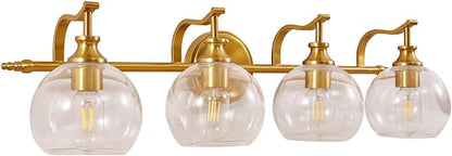 Brass Vanity Light, Gold Bathroom Light Fixtures 4 Lights, 27.8 Inch Vintage Bathroom Sconces, Brushed Brass Vanity Lighting with Globe Clear Glass Shade, E26 Base (Bulbs Not Included)