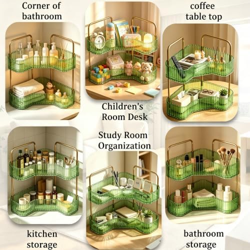 2-Tier Corner Bathroom Organizer, Skincare Vanity Counter Shelf Green