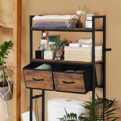 YBING Over The Toilet Bathroom Storage Cabinet for Freestanding, Above Toilet Shelf with Fabric Drawer, Tall Bathroom Shelf Organizer with Toilet Paper Holder, Brown