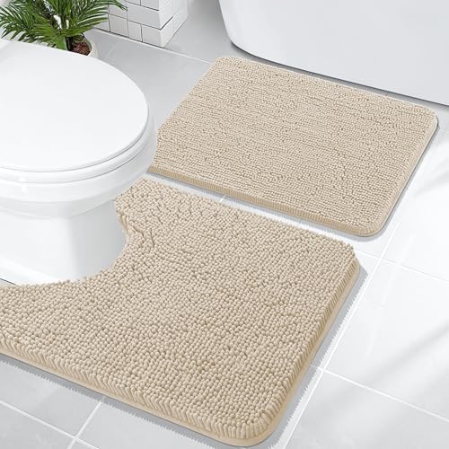 OLANLY Chenille Bathroom Rugs Mats Sets 2 Piece, 24"x16"+24"x20", Sand