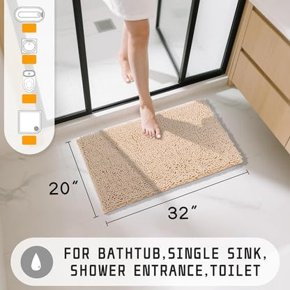 Yimobra Washable Bathroom Rugs, Super Soft & Absorbent Chenille Bath Mat for Floor & Carpet, Quick Dry Non Slip Bath Mat for Tub Shower, 32"x20",Beige