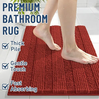 Grandaily Chenille Striped Bathroom Rugs 44x24, Extra Thick and Soft Absorbent Bath Mats, Rubber Backing, Plush Shaggy Shower Carpet, Machine Wash Dry, Bath Rug for Bathroom, Rustic Terracotta
