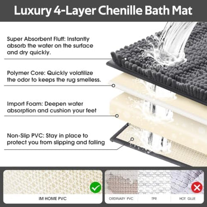 Striped Grey Toilet Bathroom Rug Mat Bath Mat Set 2 piece Ultra Soft, Non Slip Chenille Bath Rugs, Absorbent Plush Shaggy Bath Mats for Bathroom, Bedroom, Kitchen, Shower, Tub,Dark Gray, Charcoal