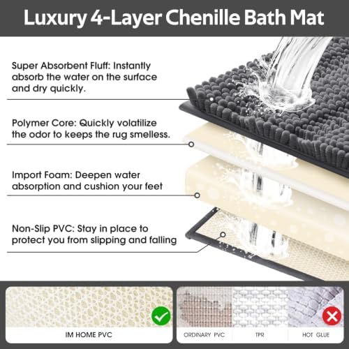 ACCUMTEK Striped Grey Bathroom Rug Set 3 Pieces Gray Ultra Soft, Non Slip Chenille Toilet Mat, Absorbent Plush Shaggy Bath Mats for Bathroom, Bedroom, Kitchen, Charcoal
