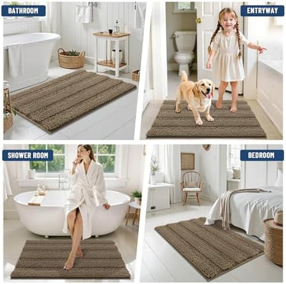 Grandaily Chenille Striped Bathroom Rugs 24x16, Extra Thick and Absorbent Bath Mats, Non-Slip Soft Plush Shaggy Shower Carpet, Machine Wash Dry, Bath Rug for Bathroom, (Small, Camel)