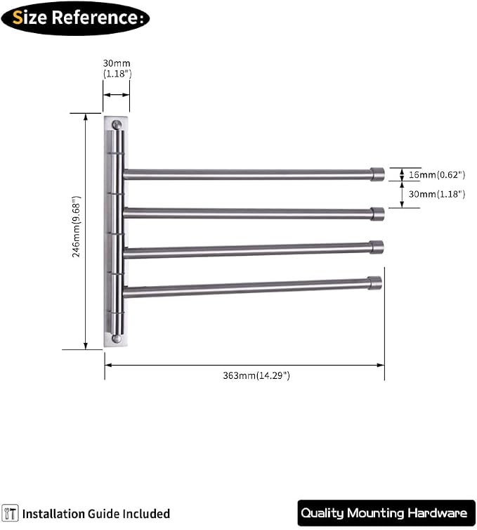 GERZWY Swivel Towel Bar SUS 304 Stainless Steel 4-Arm Bathroom Swing Hanger Towel Rack Holder Storage Organizer Space Saving Wall Mount Brushed Finish HYG04-LS