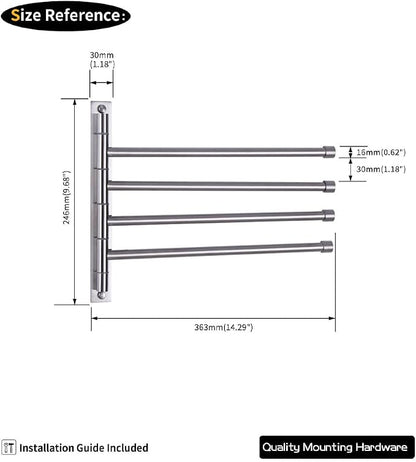 GERZWY Swivel Towel Bar SUS 304 Stainless Steel 4-Arm Bathroom Swing Hanger Towel Rack Holder Storage Organizer Space Saving Wall Mount Brushed Finish HYG04-LS