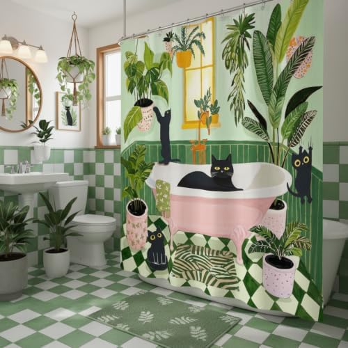 Funny Cat Shower Curtain for Bathroom Green 72x72 Inch