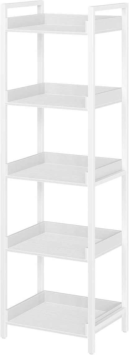 Rolanstar Bookshelf, 5-Tier Storage Rack, Narrow Corner Bookshelf, Display Wooden Shelves for Living Room, Bathroom, Balcony, Kitchen,White