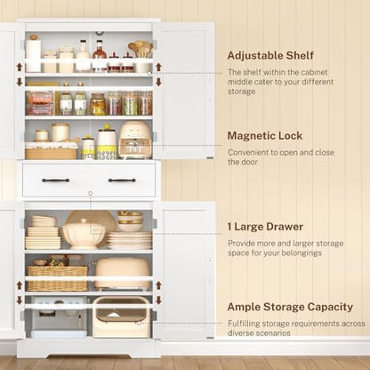 WEENFON Tall Storage Cabinet with 2 Adjustable Shelves & 1 Large Drawer, Kitchen Pantry Cabinet with 4 Doors, Bathroom Storage Cabinets, for Living Room, Kitchen, Bathroom, White