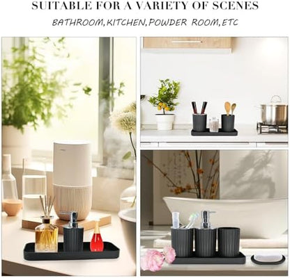Black Bathroom Accessories Set, 10Pcs Bathroom Accessory Sets Complete with Trash Can, Shower Curtain, Vanity Tray, Soap Dispenser, Soap Dish, Toothbrush Holder&Cup, Toilet Brush&Holder, Qtip Holder