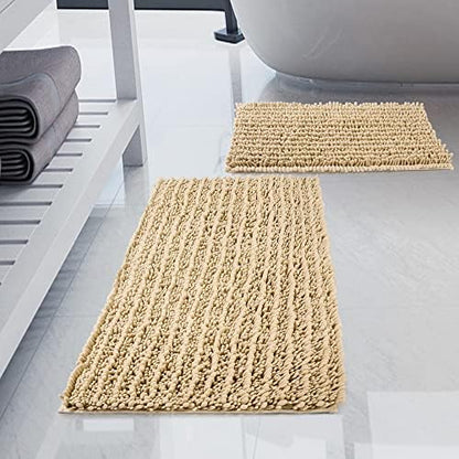 Luxury Chenille Beige Bathroom Rugs Sets 2 Piece, Thickened Hot Melt Rubber Bottom Bath Mats for Bathroom Non Slip,Bath Rugs Quick Dry Machine Washable for Shower Mat (32"x20"+17"x24")