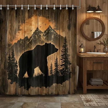 Rustic Cabin Shower Curtain for Bathroom, Forest Bear Wooden Bath Curtains, Wildlife Country Hunting Camping Waterproof Fabric Bathroom Curtain Accessories Set with Hooks,70X85IN