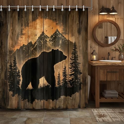 Rustic Cabin Shower Curtain for Bathroom, Forest Bear Wooden Bath Curtains, Wildlife Country Hunting Camping Waterproof Fabric Bathroom Curtain Accessories Set with Hooks,60X70IN