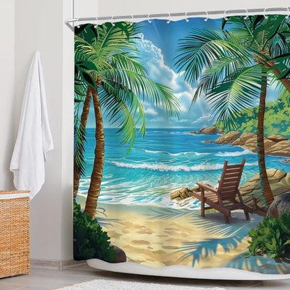 Ocean Coastal Nautical Beach Tropical Palm Tree Bathroom Shower Curtain Set