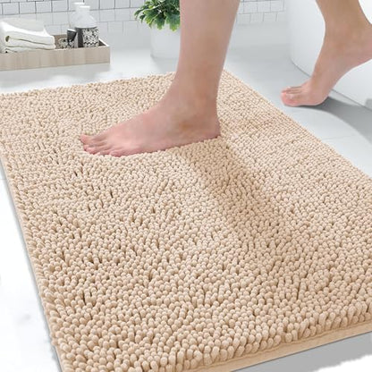 Yimobra Washable Bathroom Rugs, Super Soft & Absorbent Chenille Bath Mat for Floor & Carpet, Quick Dry Non Slip Bath Mat for Tub Shower, 24" x 17",Beige