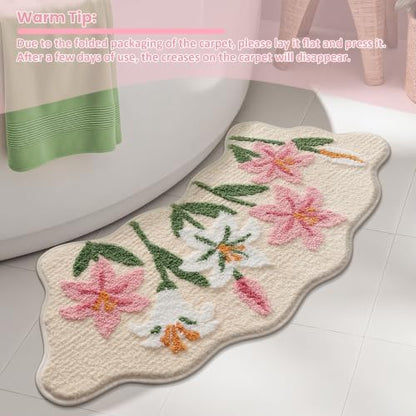 Cloud-Shaped Lily Bath Mat, Soft Non-Slip Fluffy Fresh Flowers Bathroom Rug, Ultra Absorbent Microfiber Shaggy Door Mat, Machine Washable Bath Rug Carpet for Bathtub Bedroom 18x39 Inch (Pink Lily S)