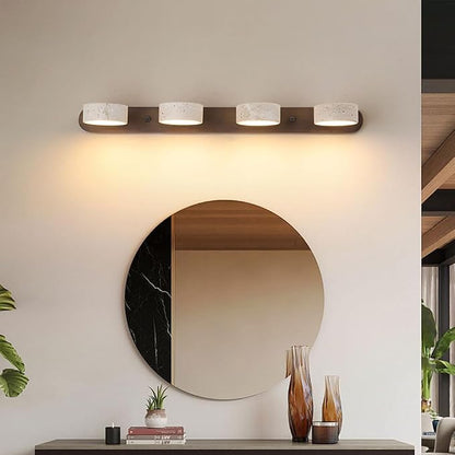 Yellow Travertine Vanity Light, 27.6" Wabi Sabi Modern Wooden Bathroom Light 360° Rotatable Natural Stone Lampshade Wall Lighting Fixture Over Mirror for Bathroom Farmhouse Home Decor (4 Lights)