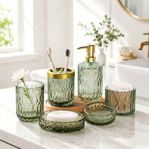 Green Bathroom Accessories Set, 5Pcs Clear Glass Green Accessories with Lotion Soap Dispenser, Soap Dish, Toothbrush Holder, Tumbler, Cotton Swab Jar, Modern Bathroom Decor Crystal Vintage Gift