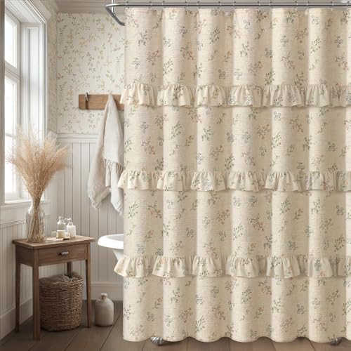 Floral Farmhouse Vintage French Country Ruffle Linen Shower Curtain 60Wx72H