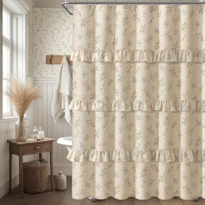 Floral Farmhouse Vintage French Country Ruffle Linen Shower Curtain 60Wx72H
