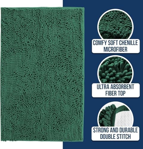 Muddy Mat® | Chenille Bathroom Rugs Quick Dry Microfiber Mats Non Slip Washable, Extra Thick, Soft and Highly Absorbent Bath Mats for Bathroom, Kitchen, and Shower Floor - Dark Green 24"x36"